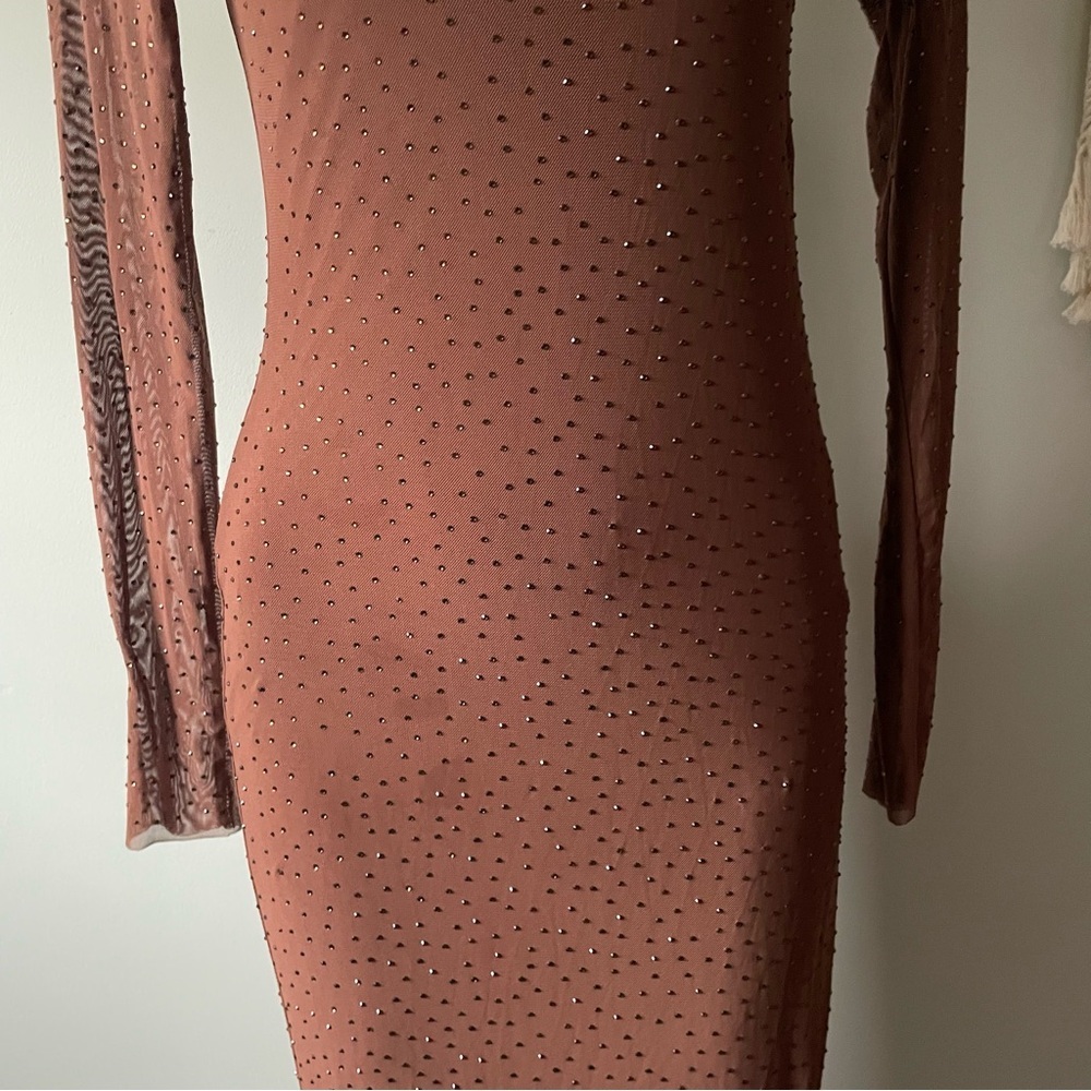 AFRM Shailene Rhinestone Turtleneck Dress Midi Embellished Mesh Brown Medium - Picture 6 of 11
